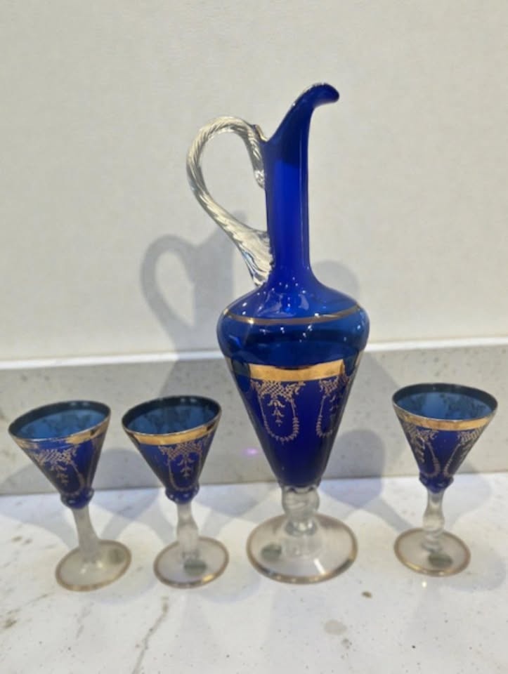 Vintage Italian Cobalt Blue & Gold Decanter Set - 3 Glasses