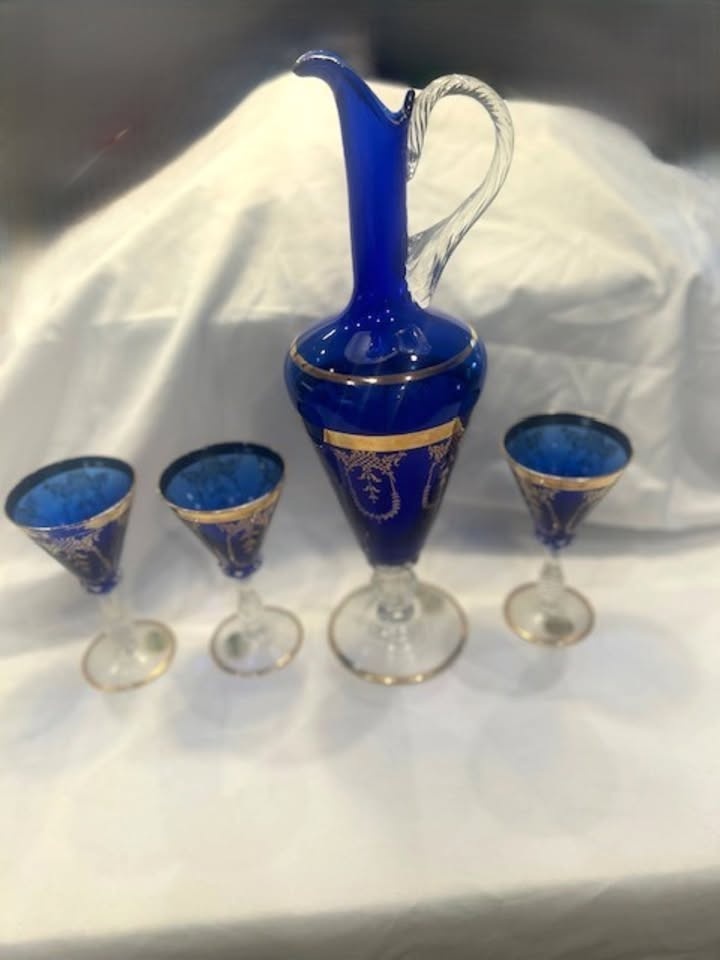 Vintage Italian Cobalt Blue & Gold Decanter Set - 3 Glasses - photo 5