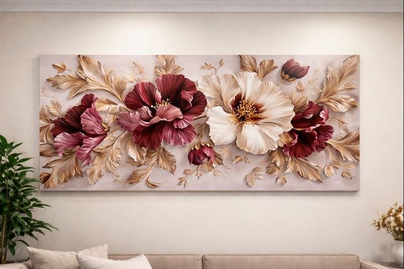 Large Floral Canvas Wall Art - Blush & Burgundy (52 x 24)