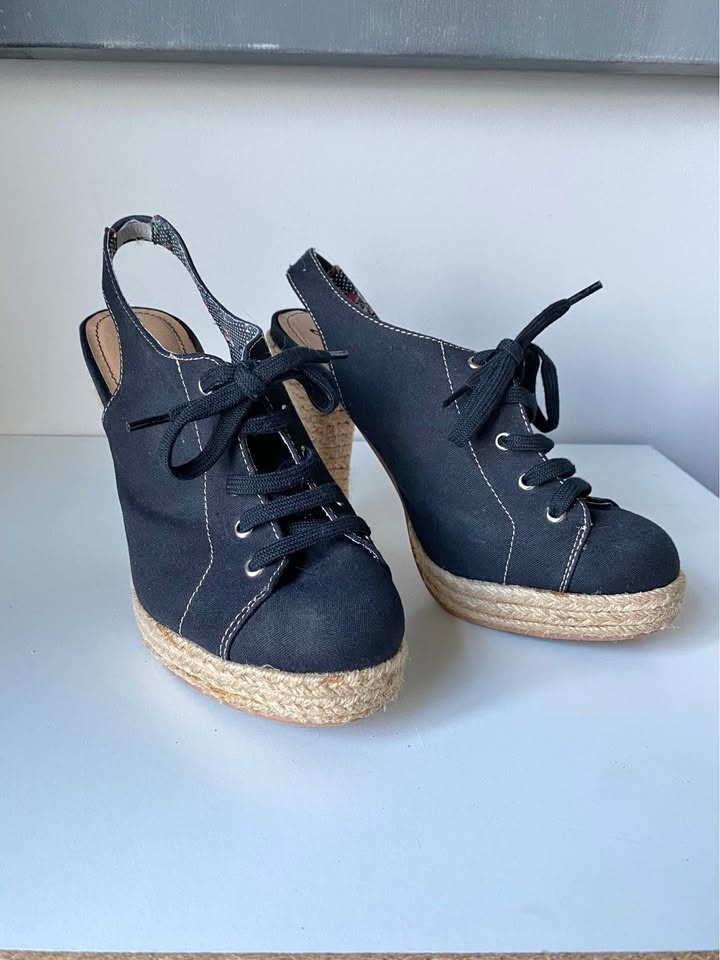 Black Lace up sling back wedge shoes
