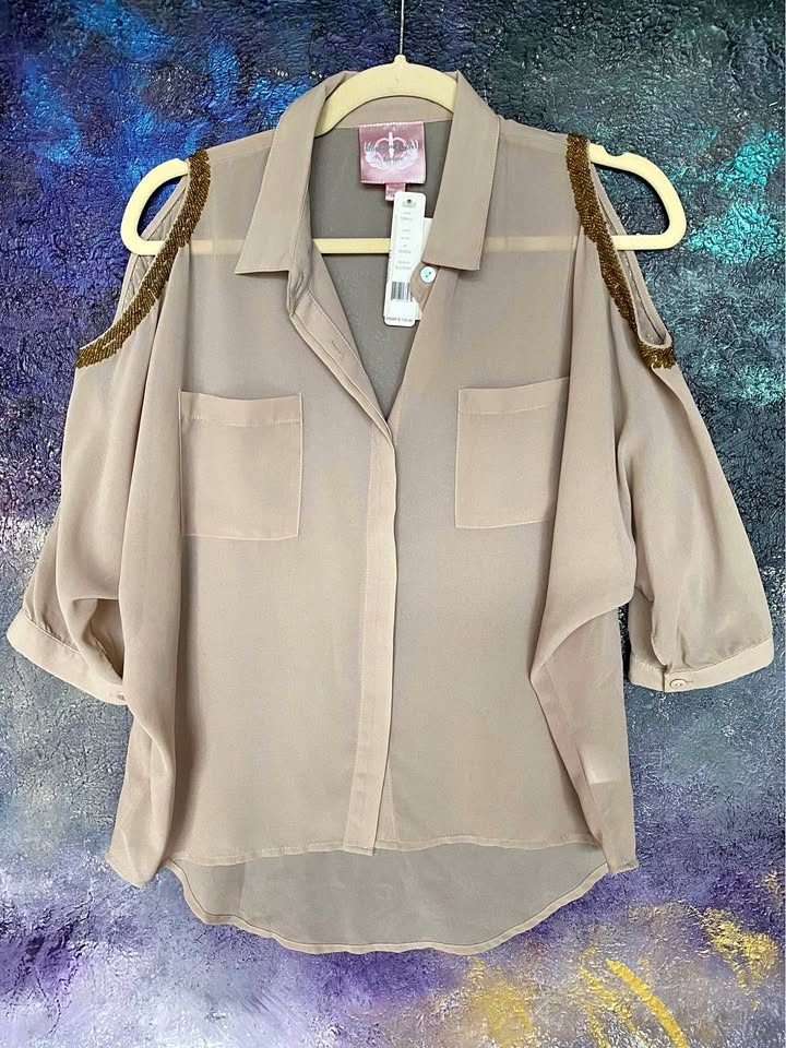 Reg $175 Women's Beige Beaded Cold Shoulder Sheer Blouse Top