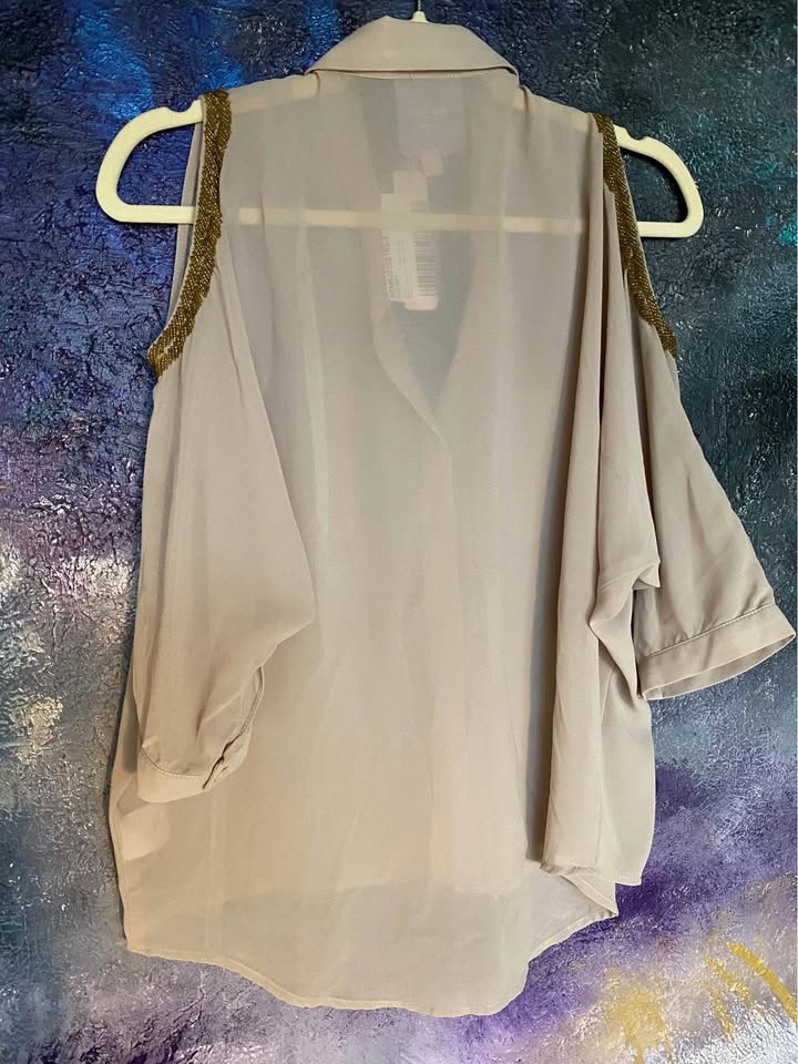 Reg $175 Women's Beige Beaded Cold Shoulder Sheer Blouse Top - photo 2