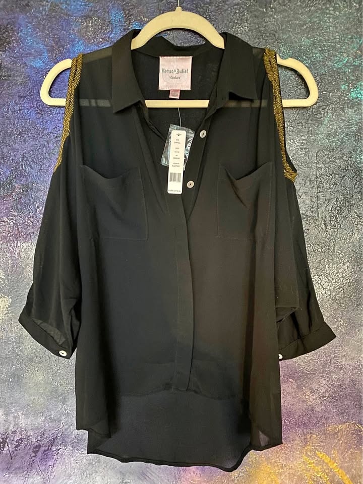 Women's Black Beaded Cold Shoulder Sheer Blouse Top