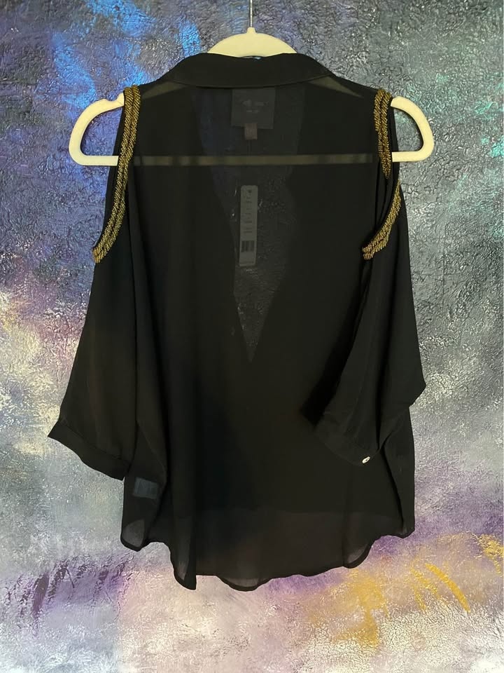 Women's Black Beaded Cold Shoulder Sheer Blouse Top - photo 2