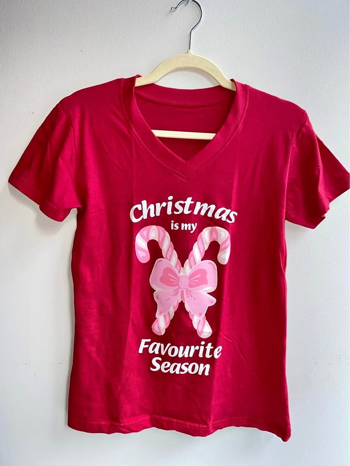 New! Women's Holiday T-Shirt - Christmas Season Candy Cane Bow