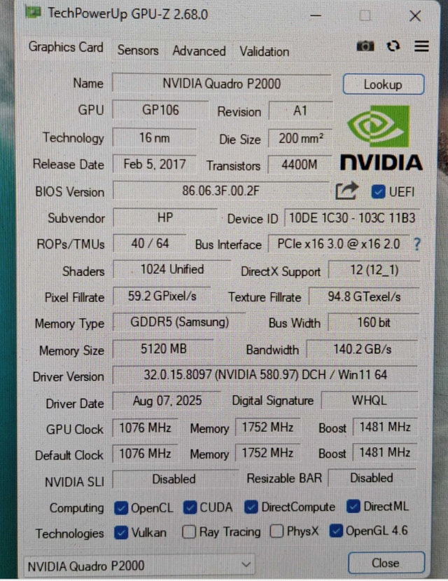 NVIDIA Quadro P2000 5GB GDDR5 Graphics Card - photo 3
