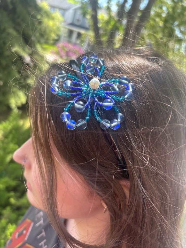 Handcrafted Blue Beaded Flower Headband - photo 3
