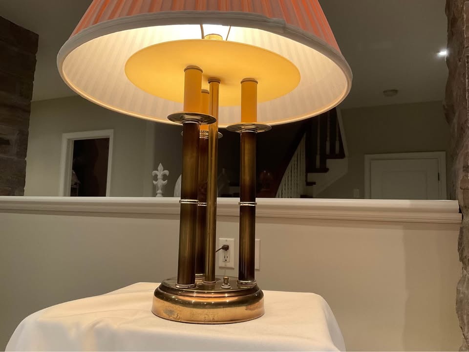 Vintage Bouillotte 3 Candlestick Table Lamp with Pleated Shade - photo 3