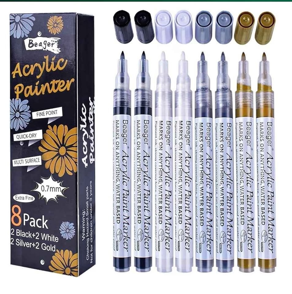 NEW Acrylic Paint Pens - Black, White, Gold, Silver (8 Pack)