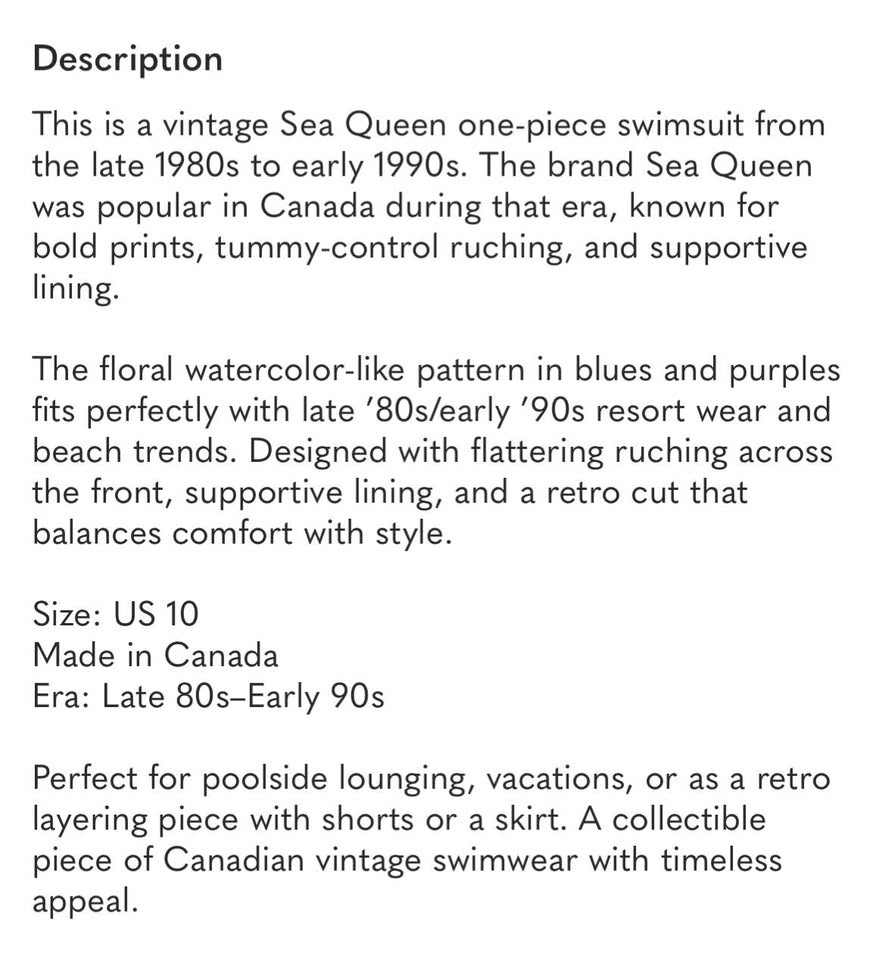 Vintage Sea Queen Floral One-Piece Swimsuit US 10 - photo 2