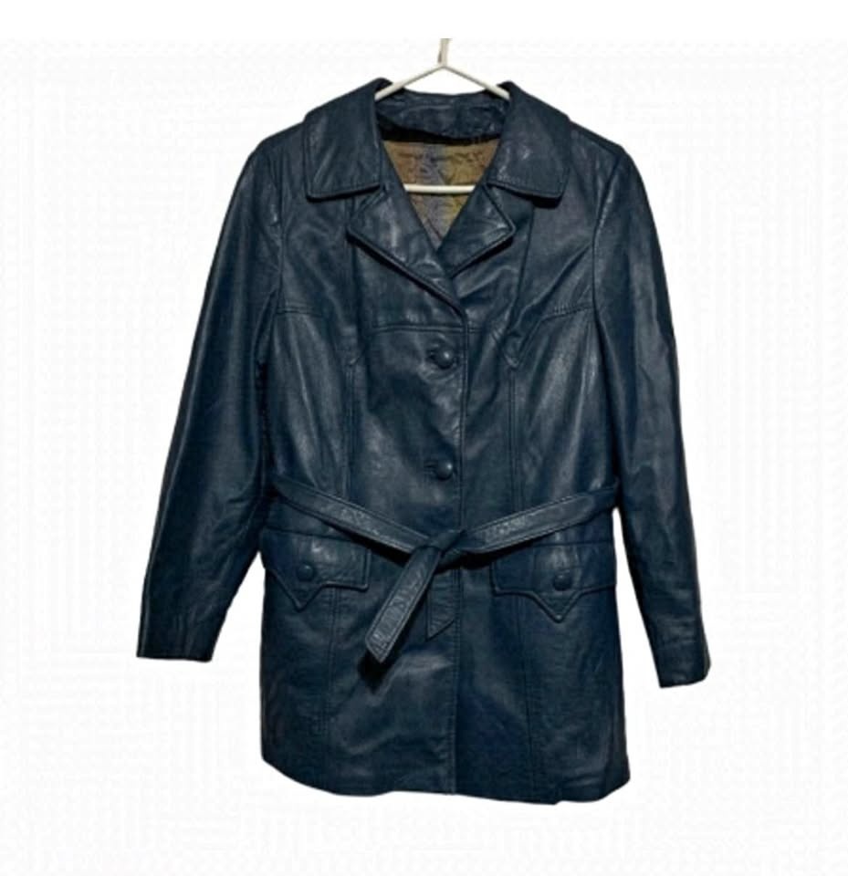 Vintage 70s Sportmaster Leather Trench Coat Blue M