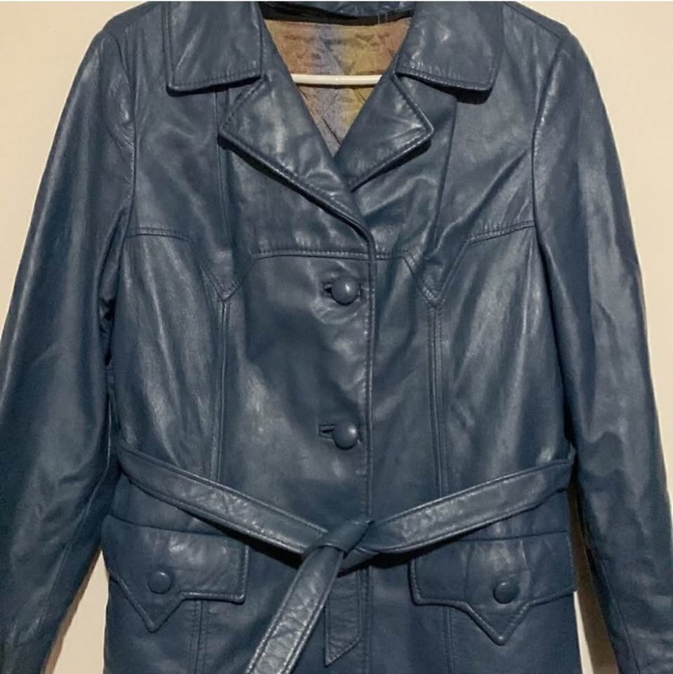 Vintage 70s Sportmaster Leather Trench Coat Blue M - photo 2