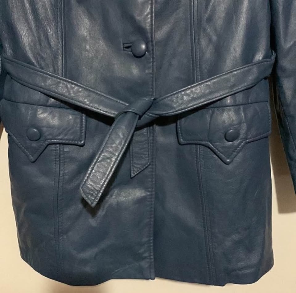 Vintage 70s Sportmaster Leather Trench Coat Blue M - photo 4