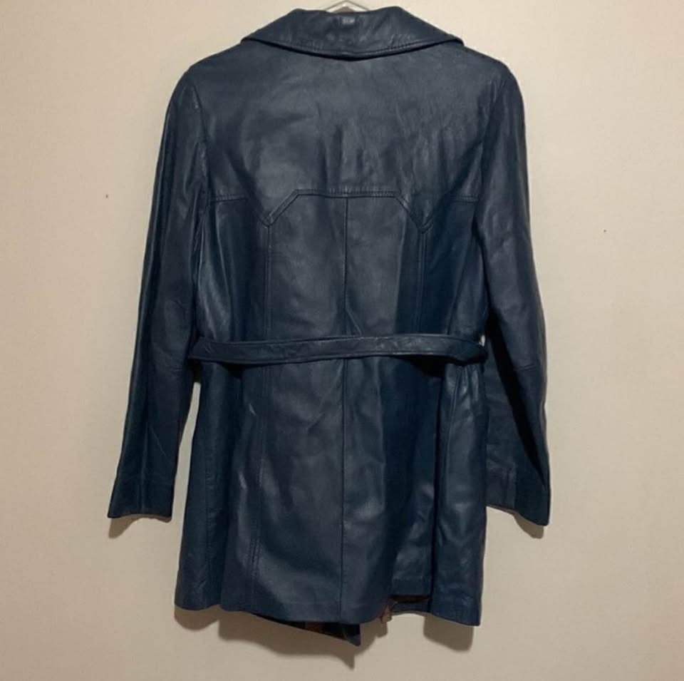 Vintage 70s Sportmaster Leather Trench Coat Blue M - photo 5
