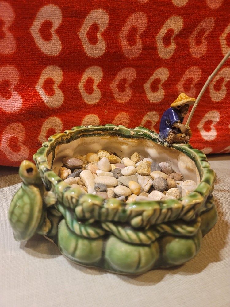 Green Bamboo Ceramic Pot With Pebbles - 6" Round, 2.5" High - photo 2
