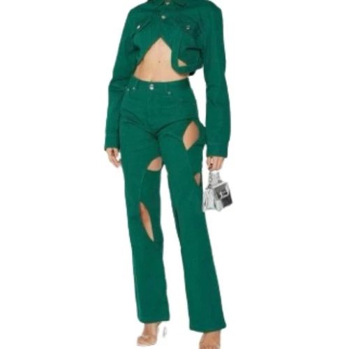 Maniere De Voir Green Denim Cutout Jacket and Jeans Set