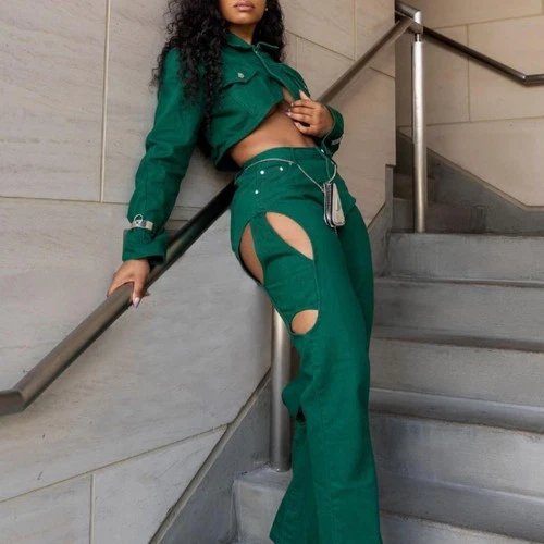 Maniere De Voir Green Denim Cutout Jacket and Jeans Set - photo 5