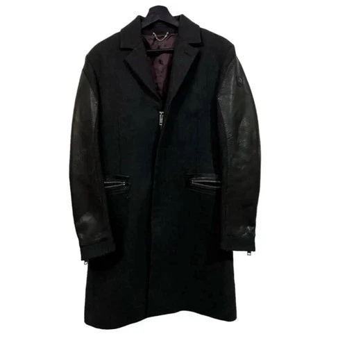 DIESEL Vintage Unisex Overcoat Blazer-Style Black Wool & Leather - photo 3