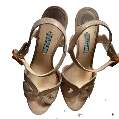 Prada Vintage Suede Tan Platform Heels with Tortoise Buckle Size - photo 5