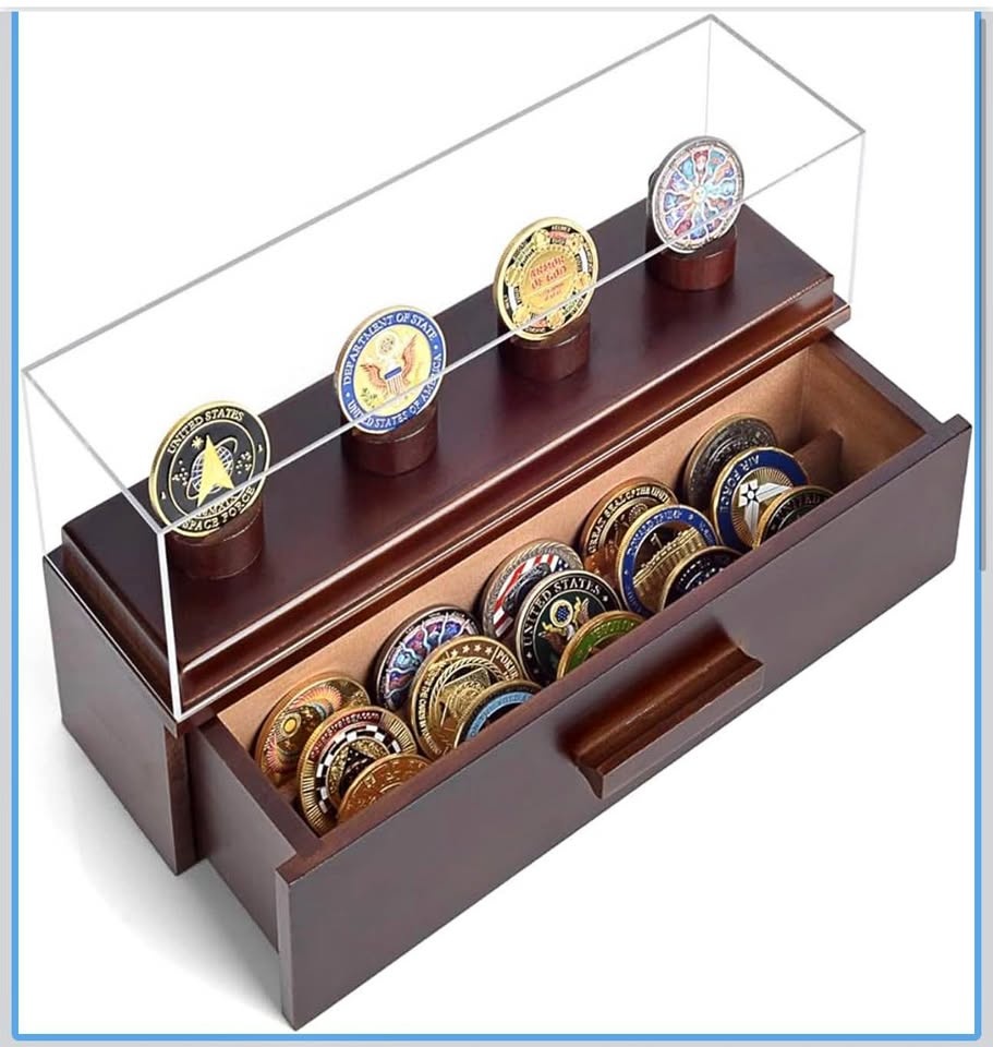 4 Pillar Military Challenge Coin Display Case with Wooden Box