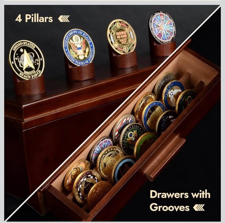 4 Pillar Military Challenge Coin Display Case with Wooden Box - photo 3