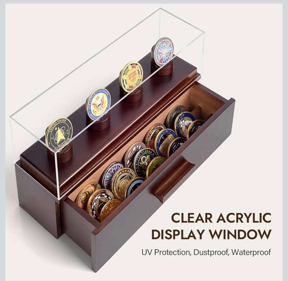 4 Pillar Military Challenge Coin Display Case with Wooden Box - photo 5