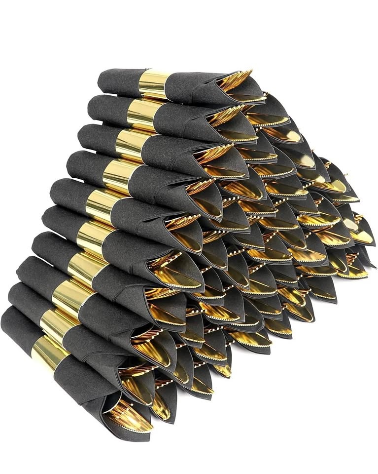 100 Pack Pre Rolled Gold Plastic Silverware Set with Napkin