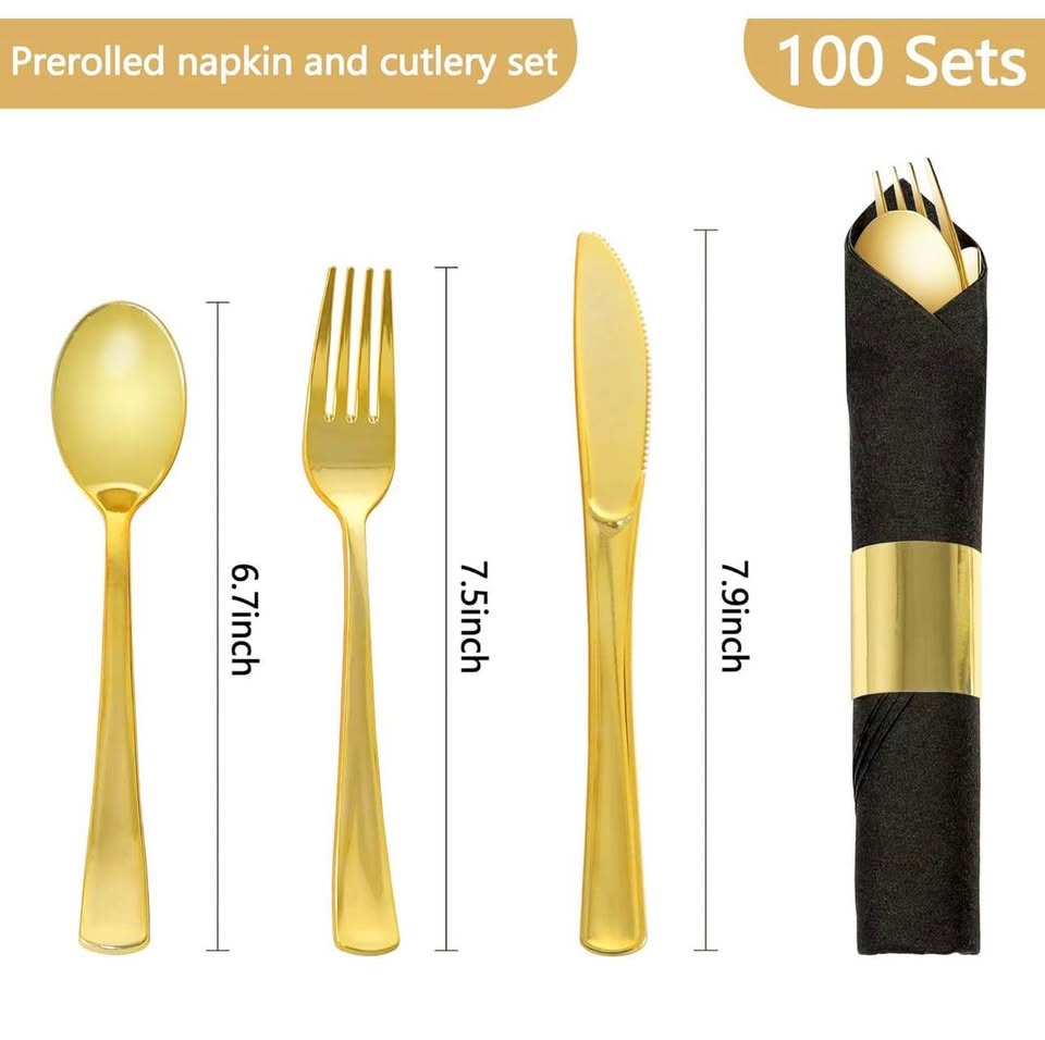 100 Pack Pre Rolled Gold Plastic Silverware Set with Napkin - photo 3