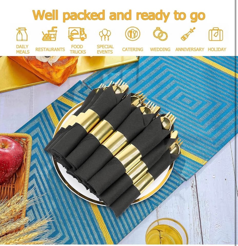 100 Pack Pre Rolled Gold Plastic Silverware Set with Napkin - photo 5