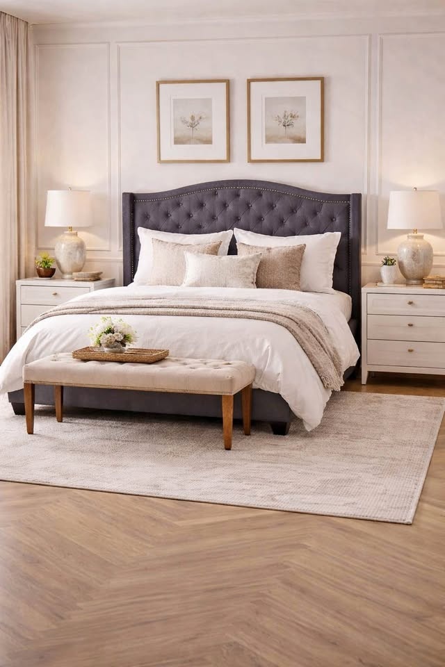 Elegant Upholstered Bed Frame - Queen, Nailhead Trim