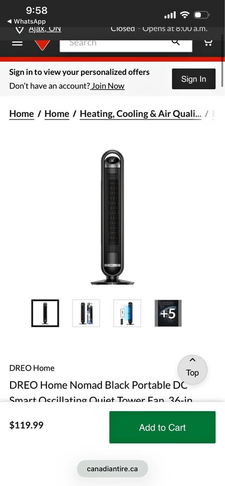 DREO Home Nomad Black Portable DC Smart Tower Fan, 36-in