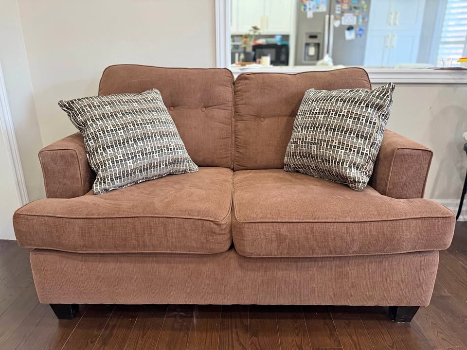 Comfy Brown Loveseat + 2 Patterned Pillows