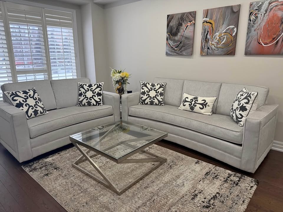 Modern Living Room Set - Grey Sofas & Glass Tables