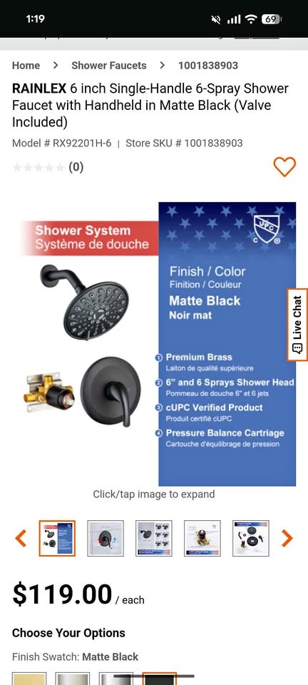 Brand New Rainlex Shower Faucet Kit - Matte Black