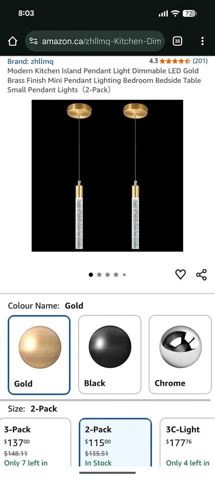 2 Dimmable LED Kitchen Pendant Lights - Gold