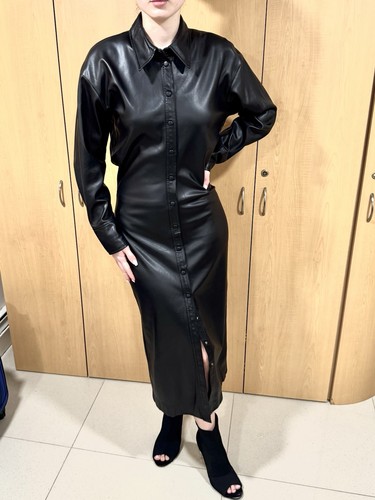 ZARA Black Faux Leather Button Front Shirt Dress Long Sleeve M