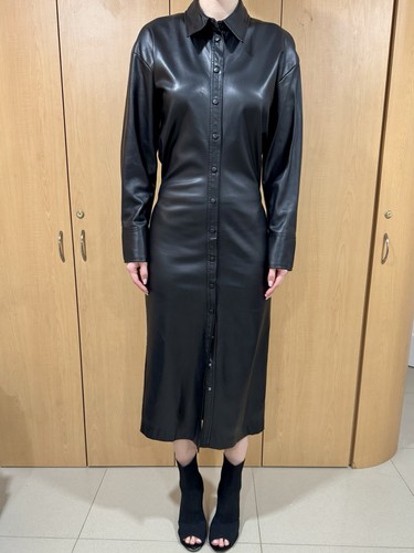 ZARA Black Faux Leather Button Front Shirt Dress Long Sleeve M - photo 2