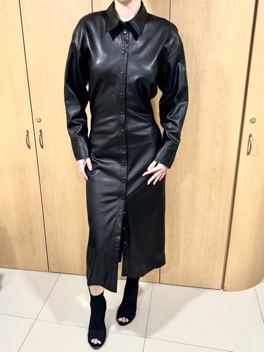 ZARA Black Faux Leather Button Front Shirt Dress Long Sleeve M - photo 3