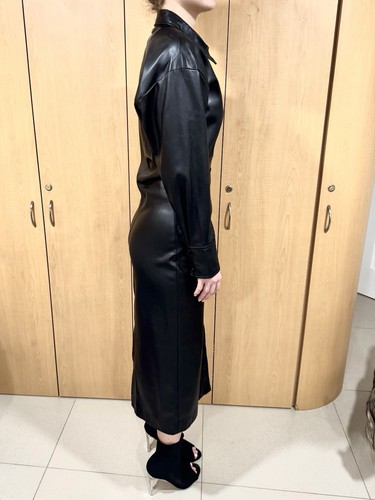 ZARA Black Faux Leather Button Front Shirt Dress Long Sleeve M - photo 4