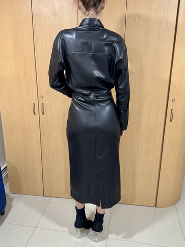 ZARA Black Faux Leather Button Front Shirt Dress Long Sleeve M - photo 5