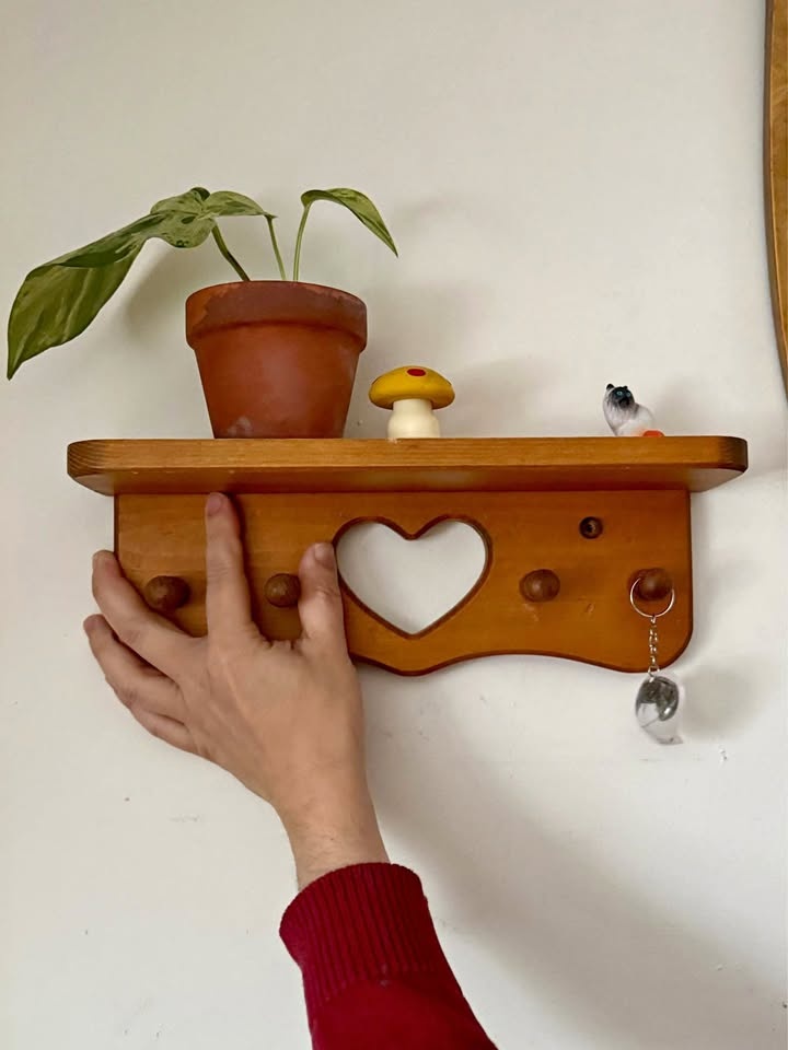 Vintage Country Pine Heart Shelf w/ Pegs - Handcrafted BC