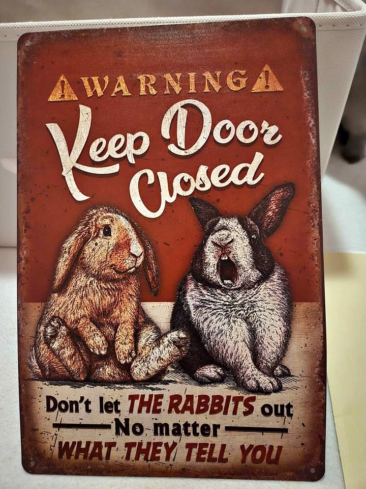 Funny Rabbit Metal Sign: "Warning: Keep Door Closed"