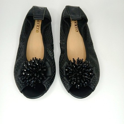 NWOT Open Toe Black Ballerina Flats Bow Gems Sz 8.5 US 39 EU