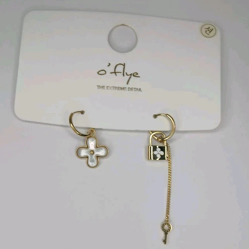 Gold & White Hoop Earrings with Flower, Lock & Key