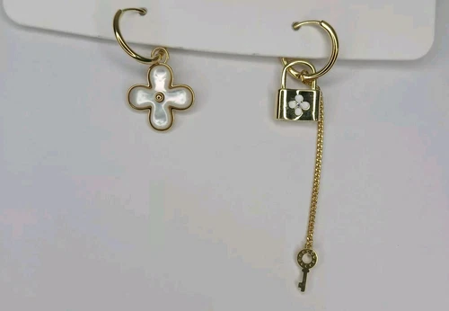 Gold & White Hoop Earrings with Flower, Lock & Key - photo 2