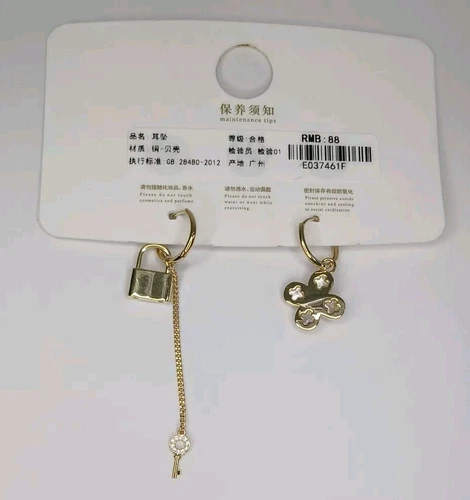 Gold & White Hoop Earrings with Flower, Lock & Key - photo 3