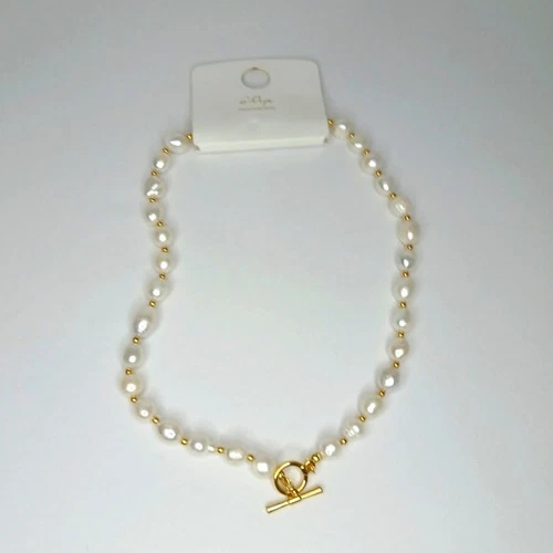 White Pearl and Faux Gold Pearl Necklace Stainless Steel NWT