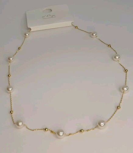 NEW Faux White Pearl Necklace With Gold Tone Balls