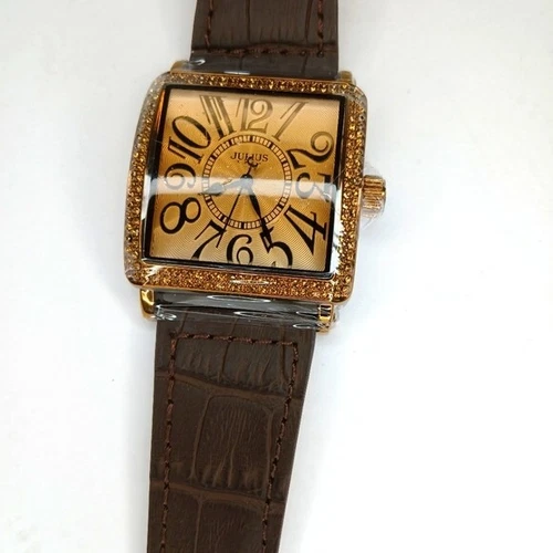Brown Julius Watch Rhinestones Genuine Leather Straps Water Resi