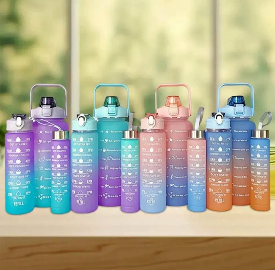 3-Piece Gradient Sports Water Bottles with Straw & Time Markings